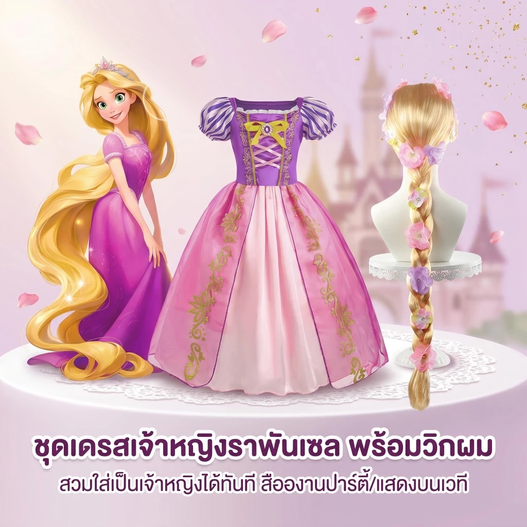 สาวราพันเซล เจ้าหญิงคอสเพลย์ ชุดเด็กบอล ชุดเจ้าหญิงสาวสีม่วง พัฟแขนเลื่อม ชุดพรหมงานเลี้ยงวันเกิด เครื่องแต่งกายเทศกาลชุ