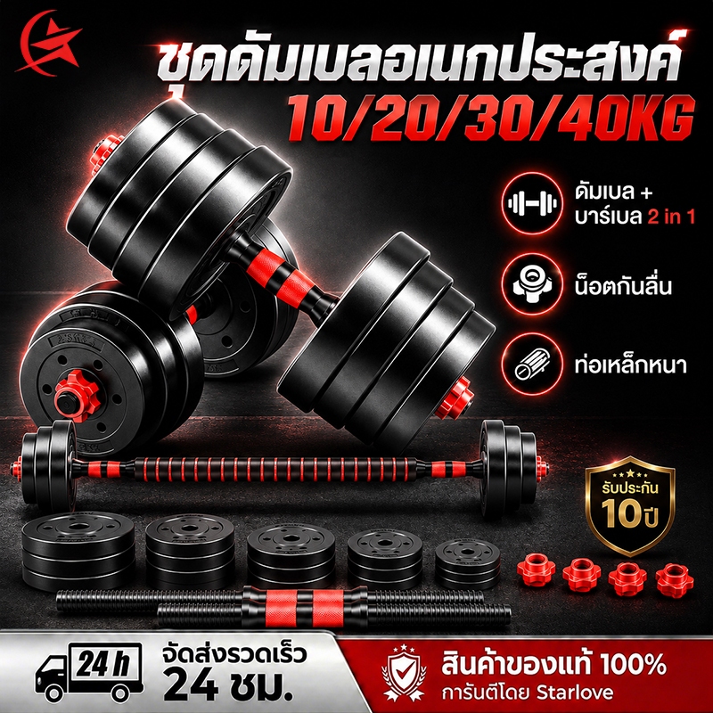 Starlove ดัมเบล 40/30/20/10KG ชุดดัมเบลพร้อมบาร์เบล ยกน้ำหนัก สร้างกล้ามเนื้อ ออกกำลังกาย Adjustable Dumbbell