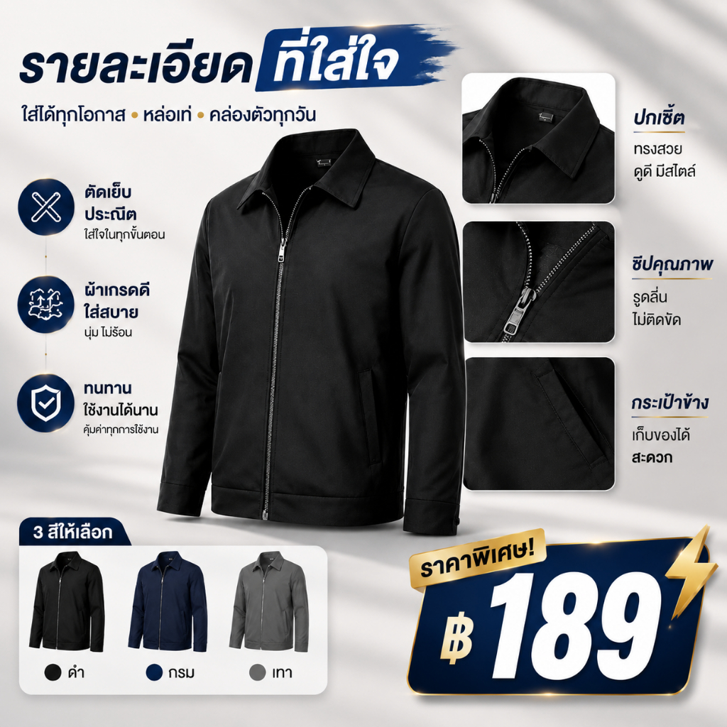 เสื้อแจ็คเก็ตผู้ชาย แจ็คเก็ตลำลอง กันลม กันละอองน้ำ ระบายอากาศ น้ำหนักเบา Business Casual แฟชั่นเกาหลี ใส่ทำงาน ใส่เที่ย