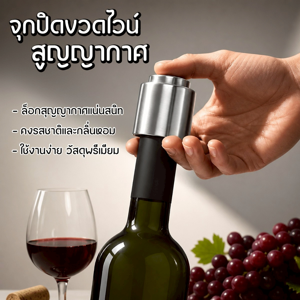 จุกปิดขวดไวน์สุญญากาศ สเตนเลสเกรดพรีเมียม รักษาความสด ลดการสัมผัสอากาศ เหมาะสำหรับบาร์และร้านอาหาร
