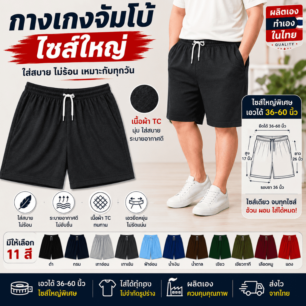 กางเกงขาสั้นไซส์ใหญ่ เอวยางยืด 36-60 นิ้ว ผ้าโพลีผสม Cotton ผู้ชาย Big Size ใส่สบาย