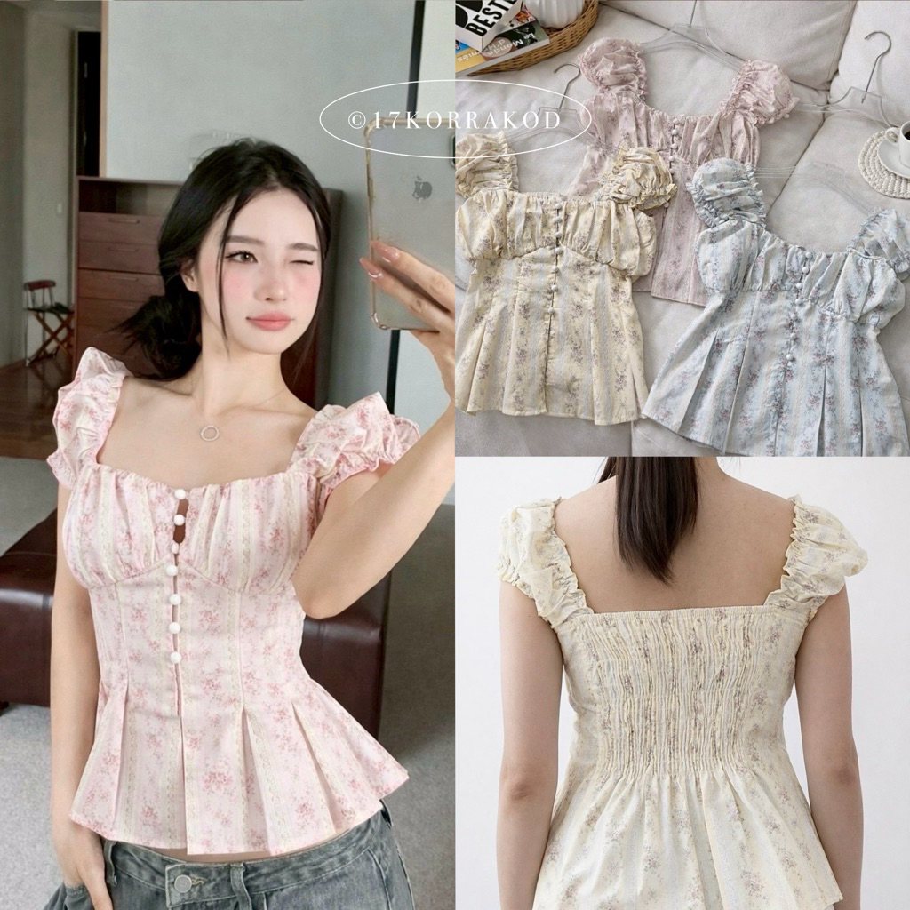 🌻เสื้อแขนดอลลี่แต่งกระดุมหน้า ดีเทลจับจีบปลายเสื้อ ทรงสวย น่ารัก เกาหลี (Style Bubble)