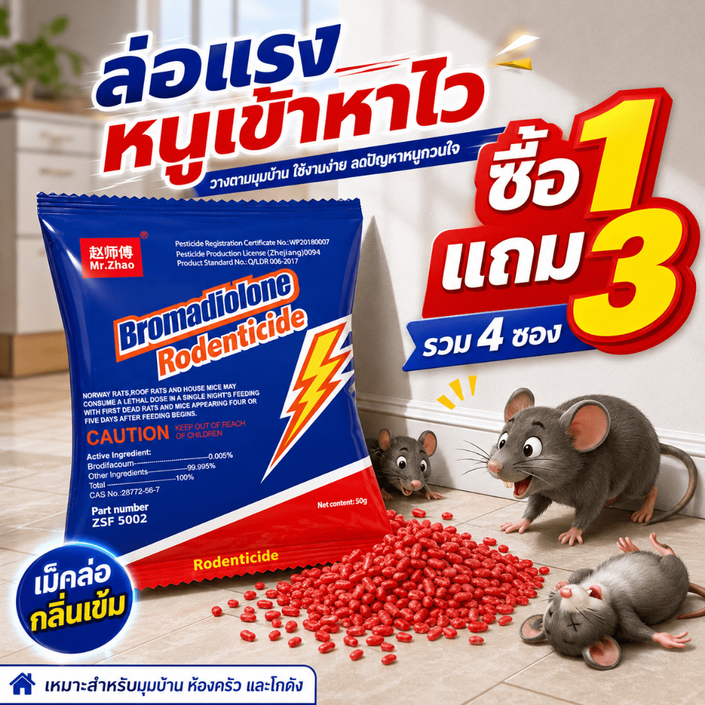 💥ซื้อ 1 แถม 3💥ยาฆ่าหนู ยาเบื่อหนู เหยื่อกำจัดหนู 50 กรัม/ซอง ตัวปราบหนู ได้ผลจริง แค่โรยลงบนพื้นก็ใช้ได้ทันที