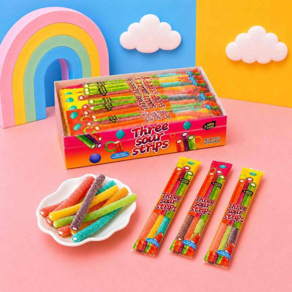เยลลี่ กัมมี่สอดไส้ เปรี้ยว จี๊ดจ๊าด three sour strips 1 กล่อง 30 ชิ้น ลูกกวาด