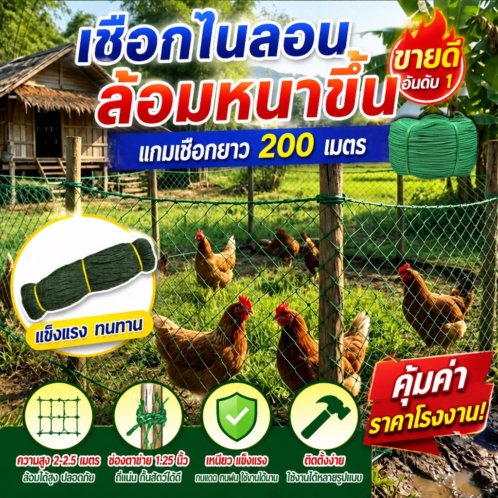【ทนทานได้ 20 ปี】ตาข่าย รั้วตาข่าย ตาข่ายกรงไก่ ตะข่ายล้อมไก่ อวนล้อมไก่ ตาข่ายล้อมไก่ อวน ดาง ล้อมไก่ อเนกประสงค์ กรงไก่