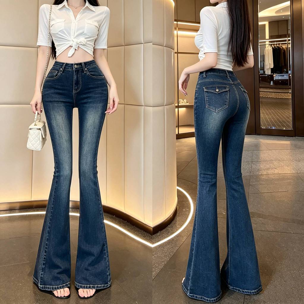 Aurae S-2XL กางเกงยีนส์ขาโค้งสูงเอวสีน้ำเงินวินเทจ กระบอกยาว มีกระเป๋าสองข้าง