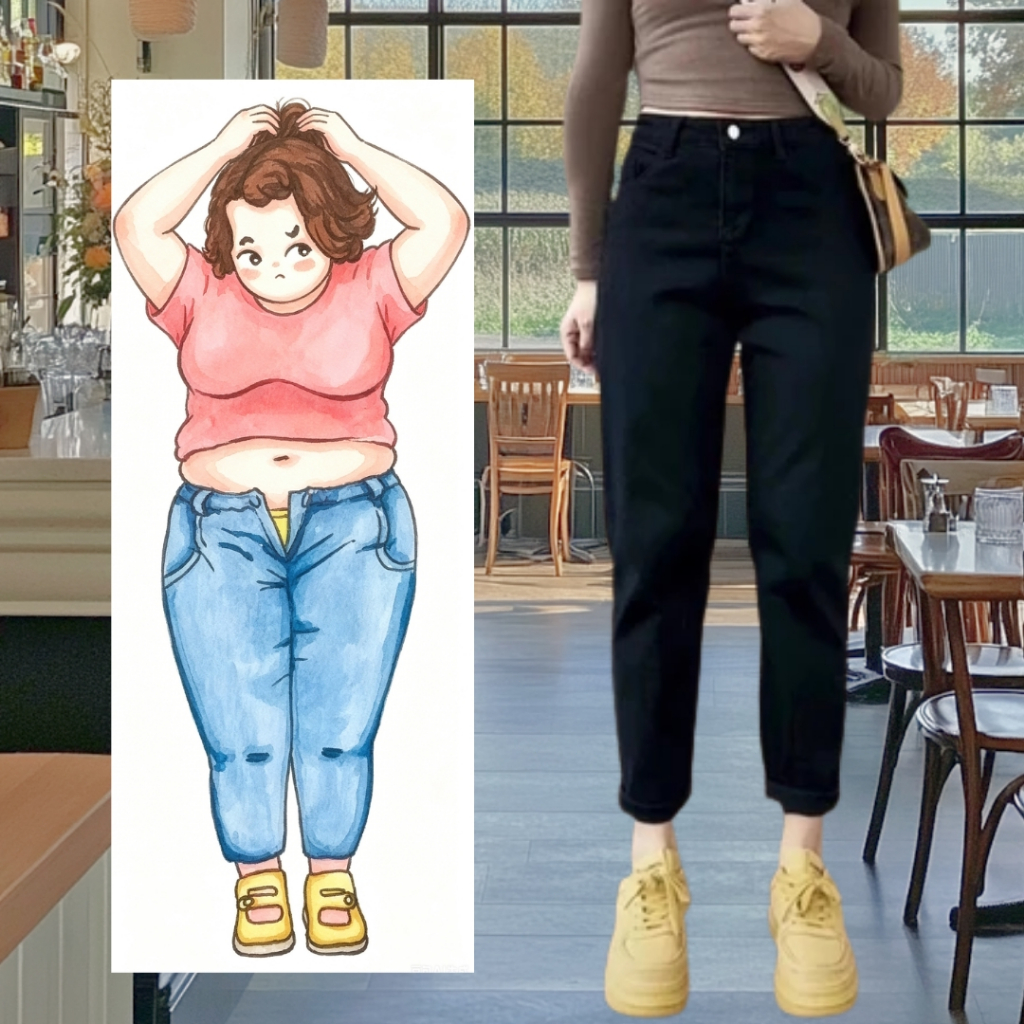 GHAOHES กางเกงยีนส์ยืดสีดำ สาวอวบ กางเกงขาตรง กางเกง9ส่วน ผ้ายืดหยุ่น สำหรับสาวตัวเล็ก145 S-5XL#V98