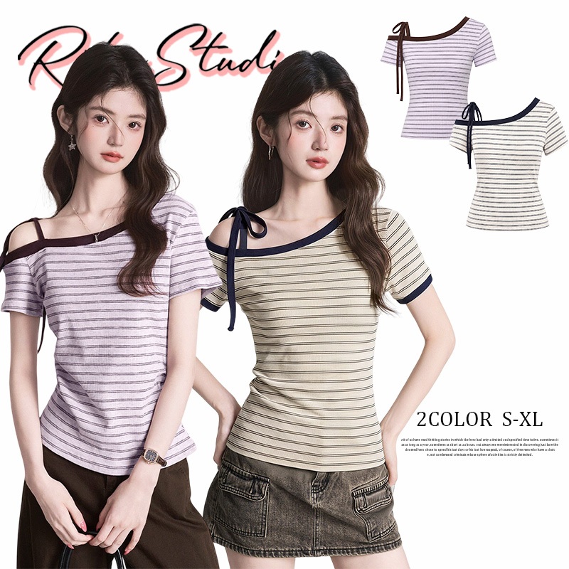 Rita พร้อมส่ง🍒เสื้อยืดผู้หญิง ลายทาง ปาดไหล่ ผูกโบว์ แขนสั้น สไตล์เกาหลี เข้ารูป แฟชั่น Y2K น่ารัก เซ็กซี่ สวย ฮิต