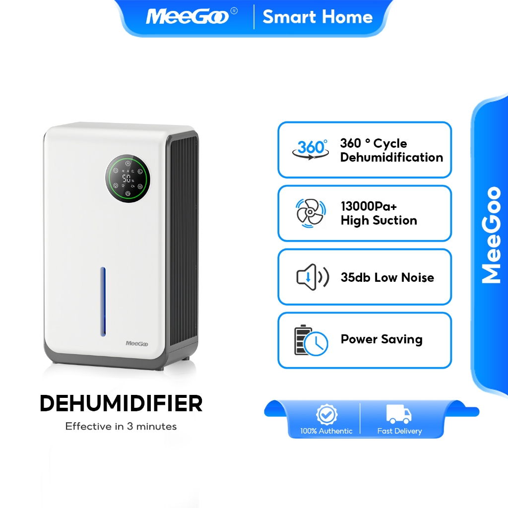 MeeGoo เครื่องลดความชื้น 2L Dual-Core Dehumidifier เสียงเงียบ ระบบทำความเย็น ประหยัดพลังงาน