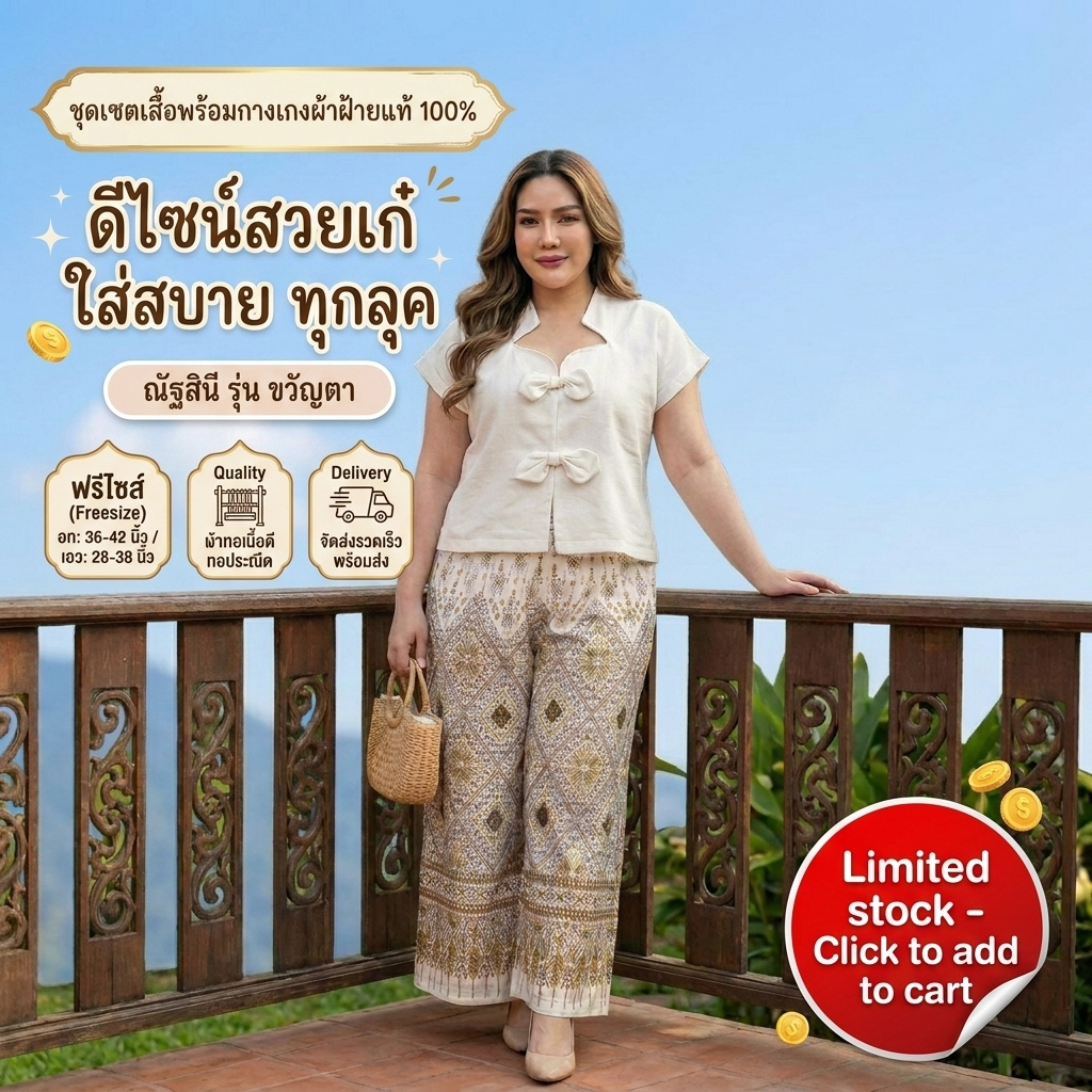 ณัฐสินี รุ่น ขวัญตา ชุดเซตผ้าไทยประยุกต์ ผู้หญิง เสื้อผ้าฝ้าย + กางเกงผ้าพื้นเมือง ลายไทย ฟรีไซส์ | Nutsinee