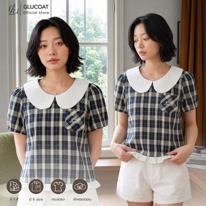 Glucoat | [A724] เสื้อแขนสั้นคอปกบัวลายสก็อต กระเป๋าหน้าปัก glucoat ชายระบาย ชิปหลังยาว