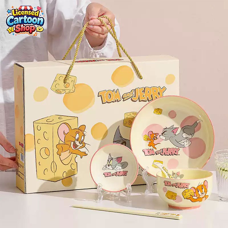 【ของแท้】Tom and Jerry ชุดชามเซรามิกพร้อมตะเกียบ 5 ชิ้น ลายโดปามีน ใช้ประจำ กล่องพรีเมียม ของขวัญยอดนิยม ของขวัญวันหยุด