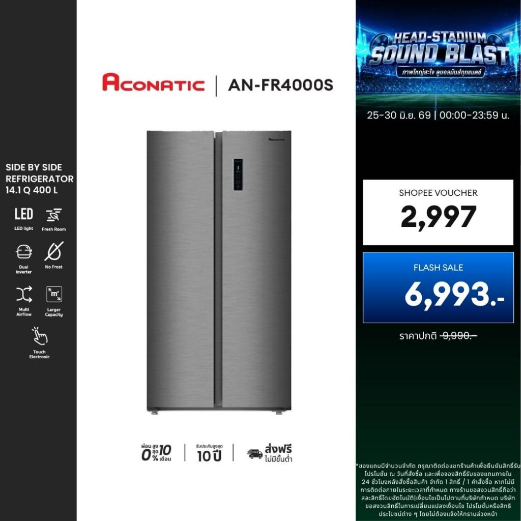 ACONATIC ตู้เย็น 2 ประตู Side By Side 14.1Q  รุ่น AN-FR4000S ระบบอินเวอร์เตอร์ #Inverter (รับประกัน 10 ปี)