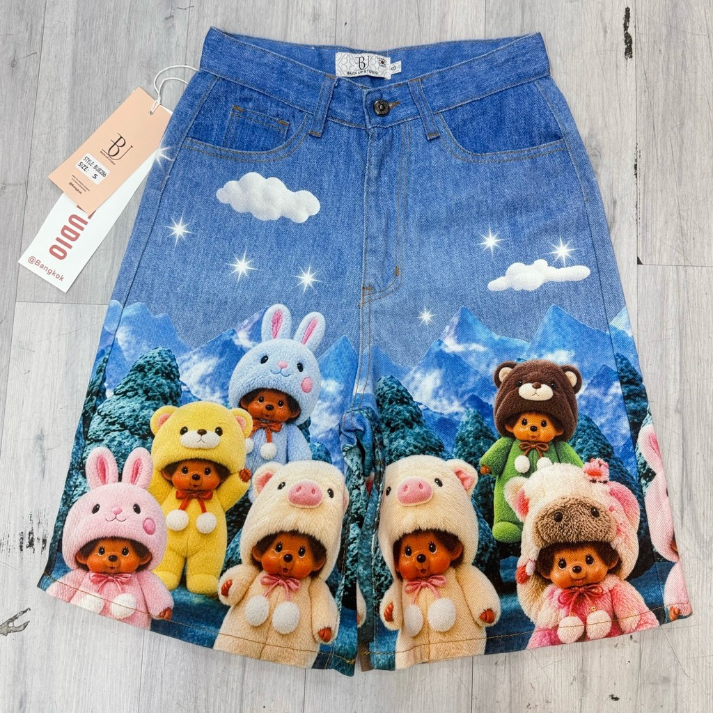 BACKUP BU8296 กางเกงยีนส์ 5 ส่วน พิมพ์ลาย 3D เต็มตัว ผ้ายีนส์ Cotton 100% ลายหมี Teddy และกระต่ายสไตล์ Kawaii