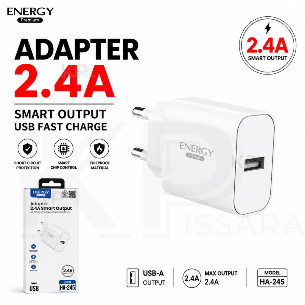 หัวชาร์จ Energy 2.4A Smart Output ของแท้ อะแดปเตอร์ USB 1 พอร์ต จ่ายไฟเสถียร มี มอก รองรับ Android iPhone พร้อมส่ง