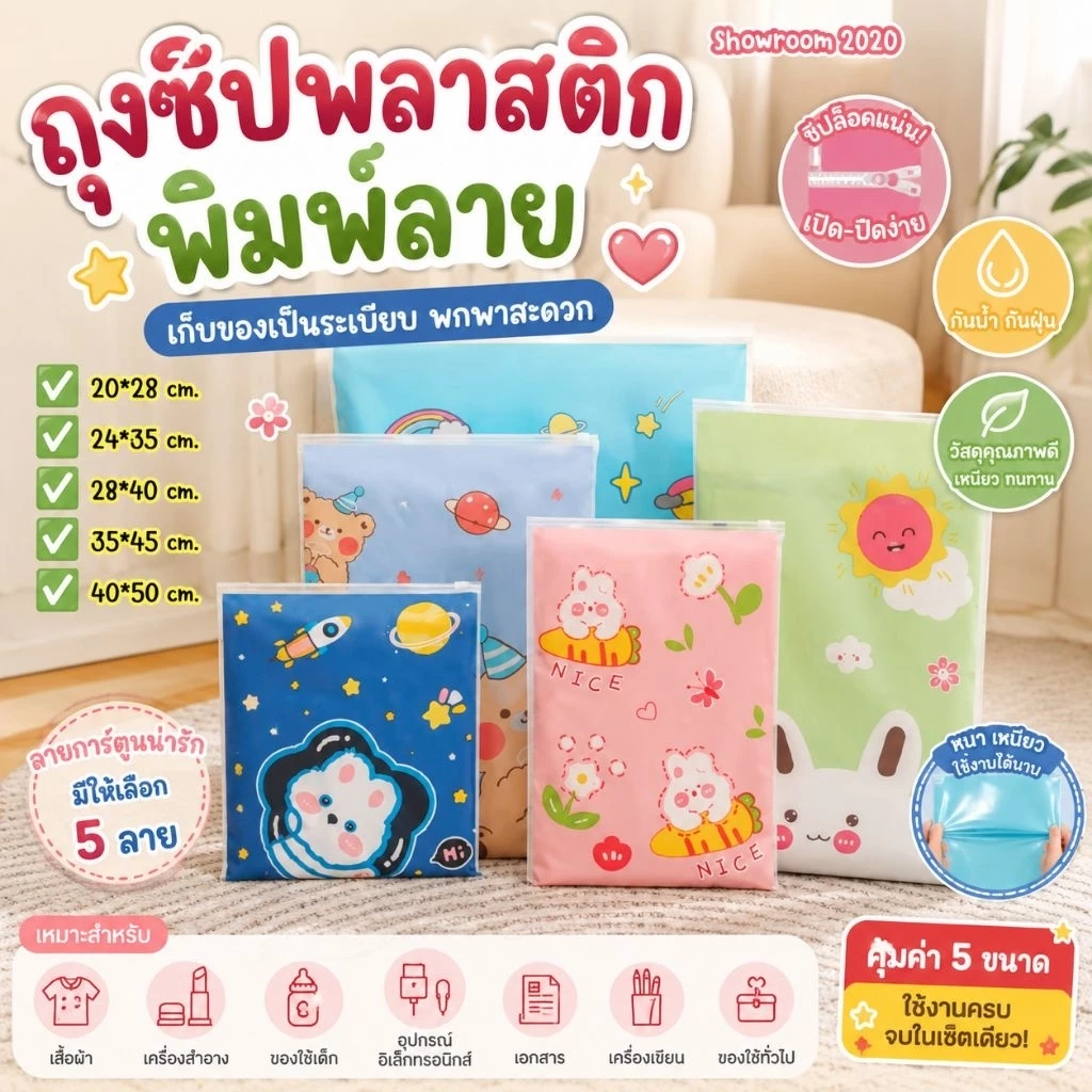 🇹🇭พร้อมส่งจากไทย🇹🇭 ถุงซิปล๊อคพลาสติกพิมพ์ลาย ถุงจัดระเบียบ ใส่เสื้อผ้า ของใช้ รองเท้า ไม่เจาะรู 5 ไซร์