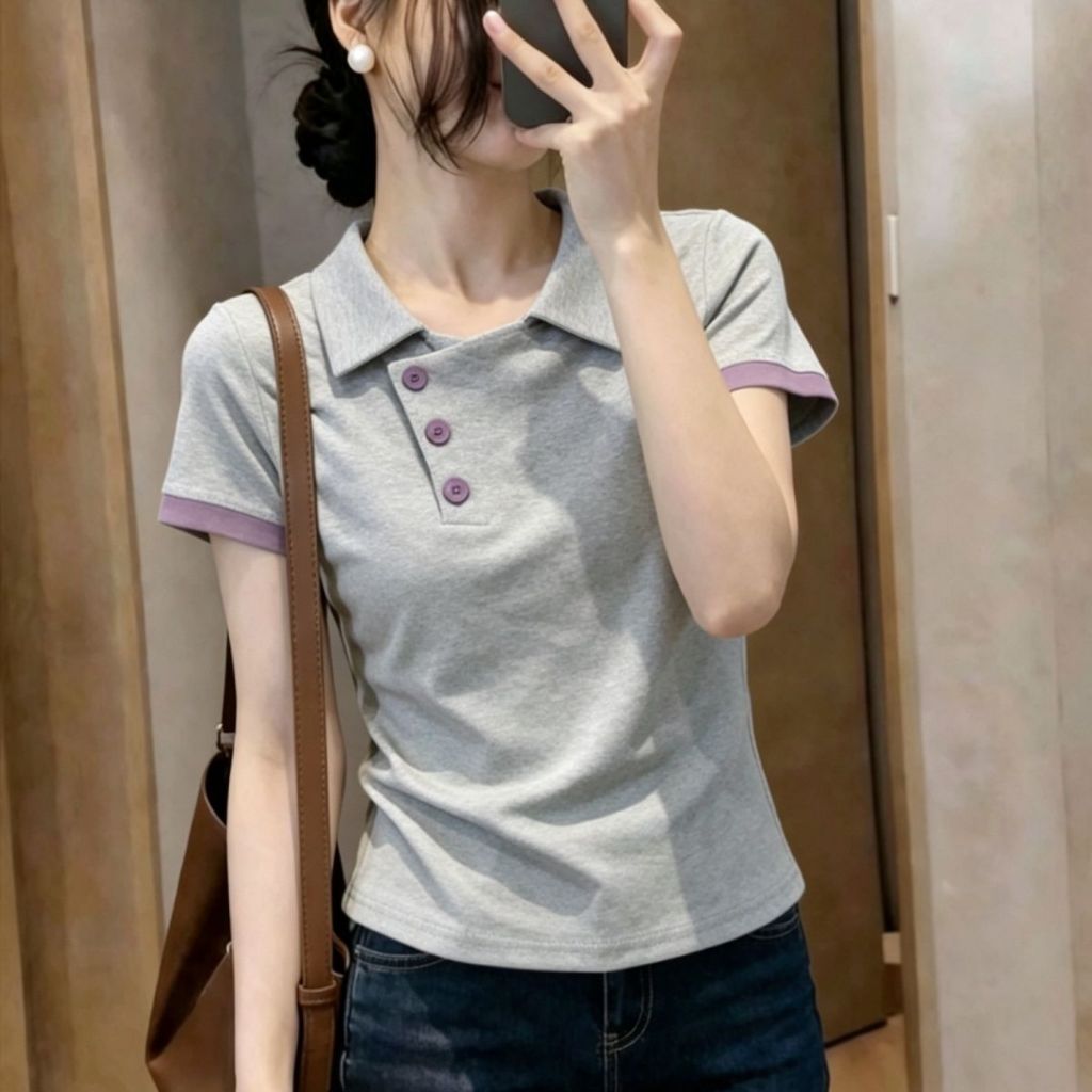 2026 Summer New Arrivals, เสื้อผ้าแฟชั่นหญิงลดอายุ, แขนสั้นต่อผ้า, เสื้อโปโล, เสื้ออเนกประสงค์, เสื้อยืดเข้ารูป