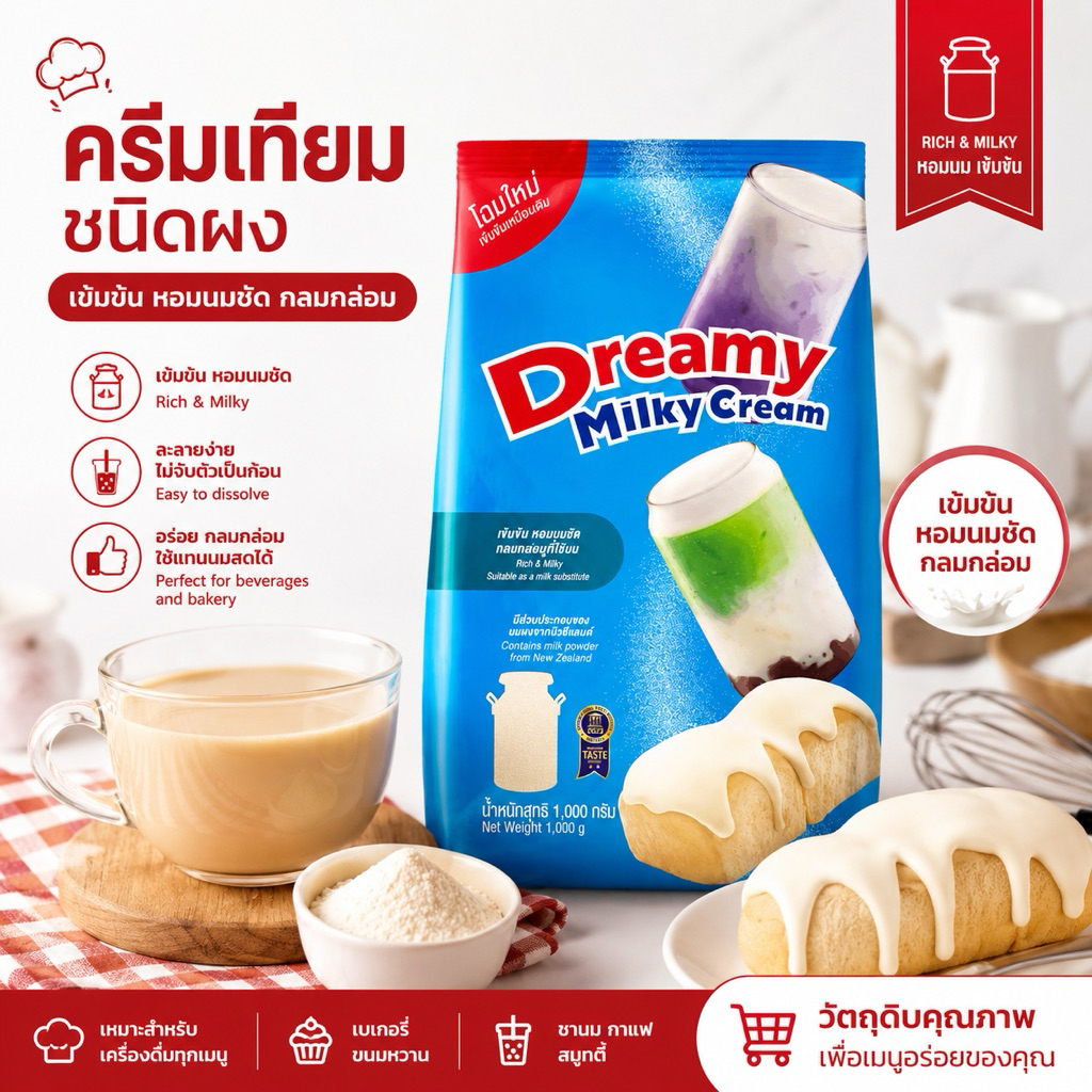 🩵โปรโมชั่น🩵 Dreamy Milky Cream ครีมเทียมกลิ่นนม หอมนมเข้มข้น ใช้แทนนมสดได้