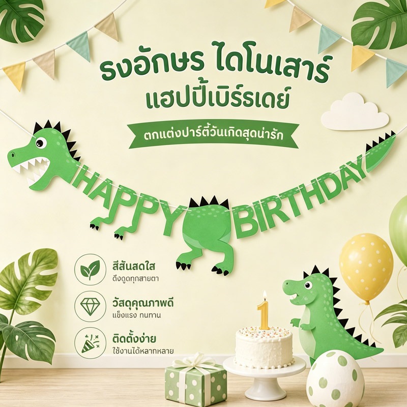 ส่งจากกรุงเทพ ธงอักษรไดโนเสาร์ Happy Birthday ธงตกแต่งวันเกิดเด็ก สีสดใส วัสดุหนาแข็งแรง ติดตั้งง่าย
