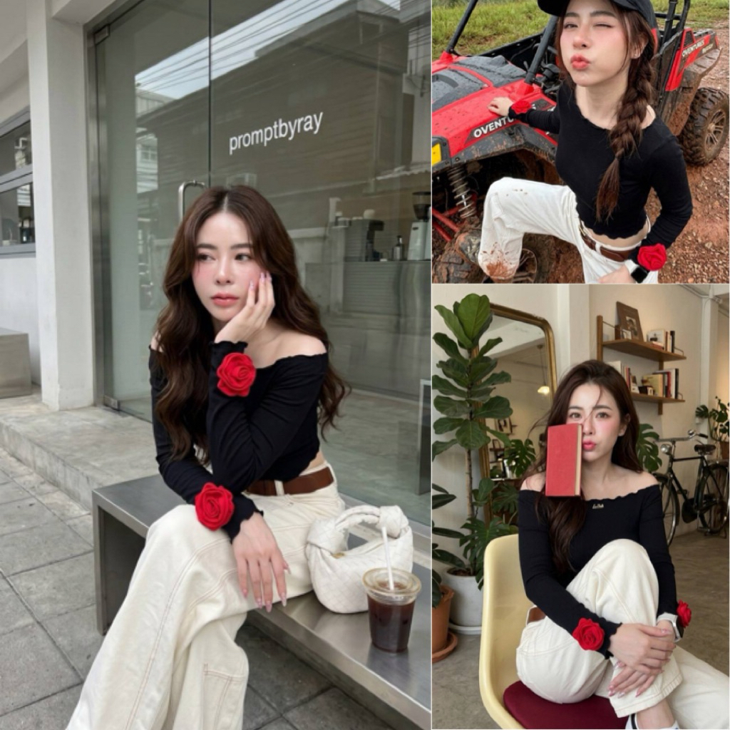 💕ShopBypuy💕เสื้อปาดไหล่แขนยาวแต่งกุหลาบ