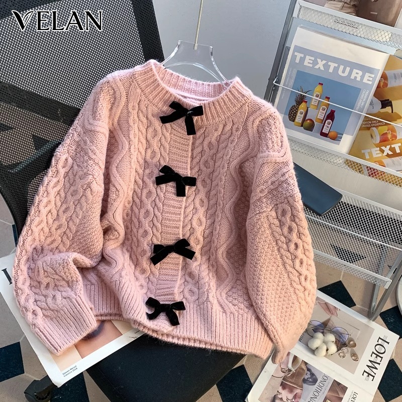 [พร้อมส่ง]เสื้อคาร์ดิแกน แต่งโบว์ กระดุมหน้าใช้งานได้จริง ทรงหลวม สามมิติ สไตล์เกาหลี น่ารัก
