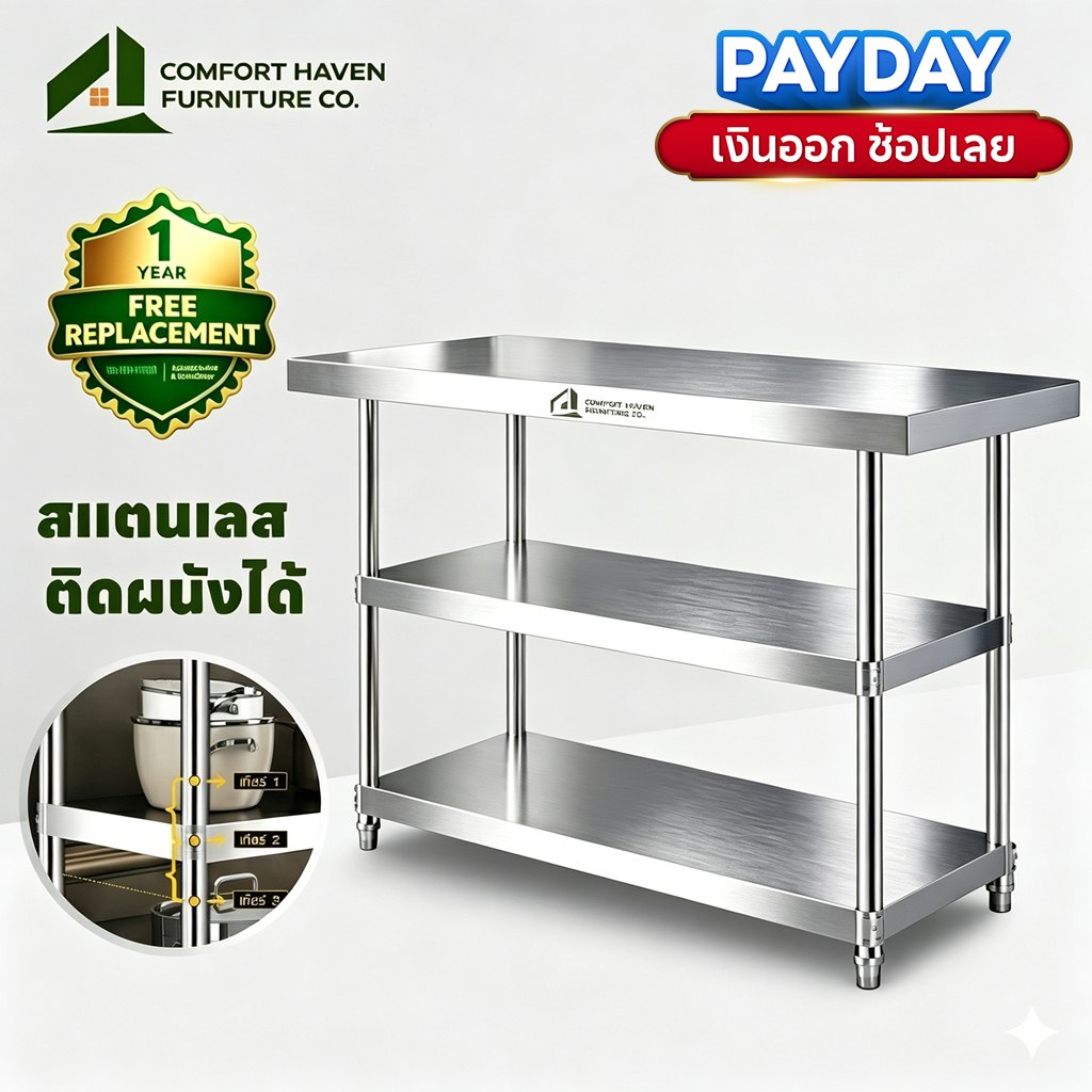 Comfort Haven Furniture Co โต๊ะสแตนเลส โต๊ะแสตนเลส แข็งแรงทนทาน  รับน้ำหนักท ปรับระดับได้  ใช้ได้ทั้งในบ้านและร้านอาหาร