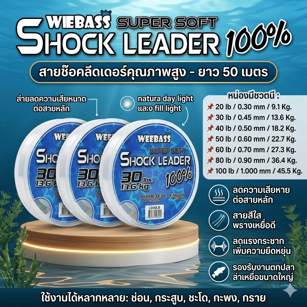 [ รับตรงจากบริษัท ] สายช็อคลีดเดอร์ WEEBASS SHOCK LEADER SUPER SOFT 100% ยาว 50 เมตร Fishing Line