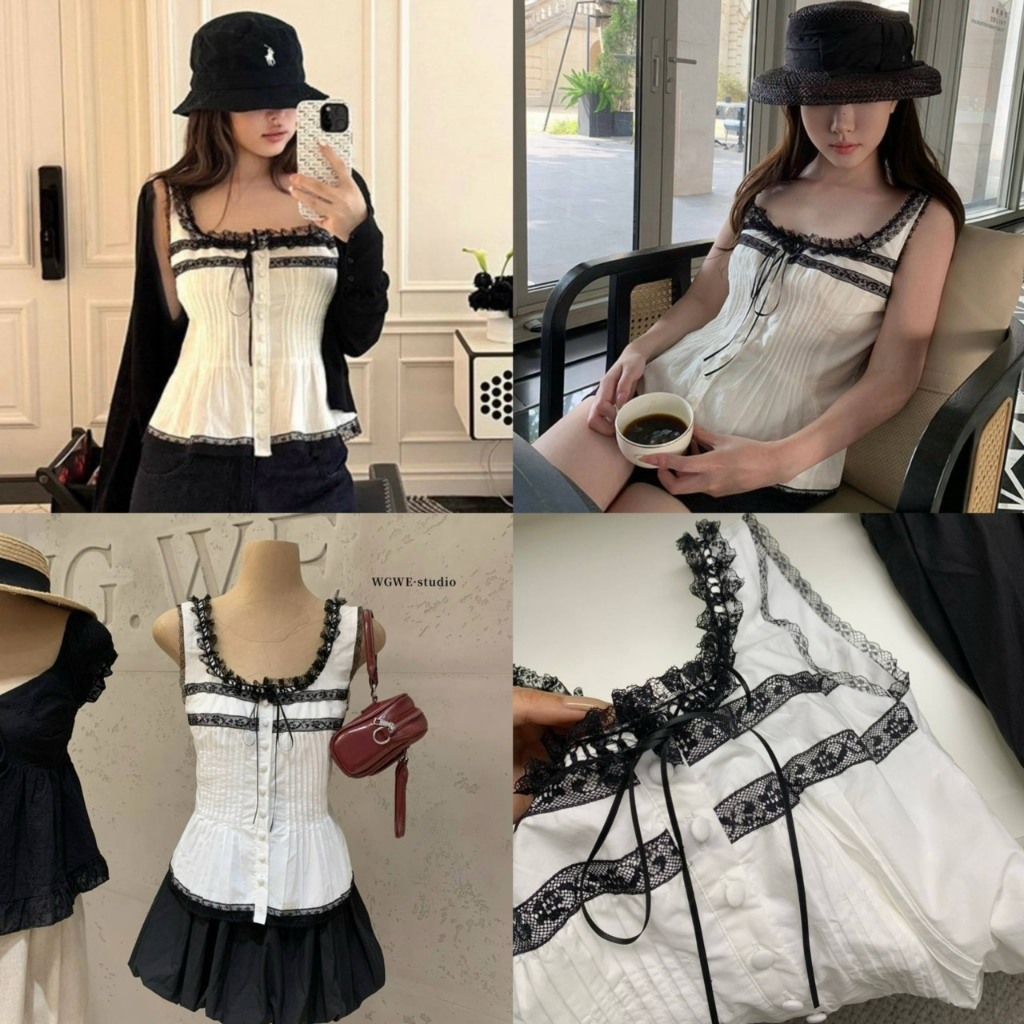 9248 เสื้อแขนกุดคอยู กระดุมหน้าแต่งลูกไม้ งานป้าย WG.WE