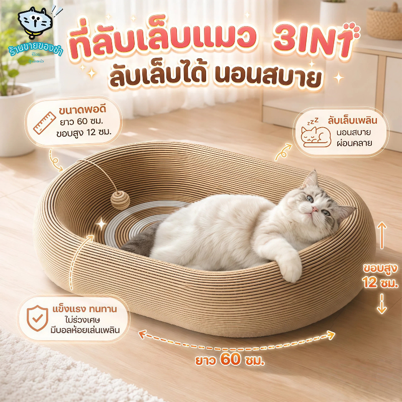 ที่ลับเล็บแมว 3in1 ไซส์ใหญ่ ที่นอน+ที่ลับเล็บ+ของเล่น ป่านศรนารายณ์ ทนทาน มีของเล่นในตัว
