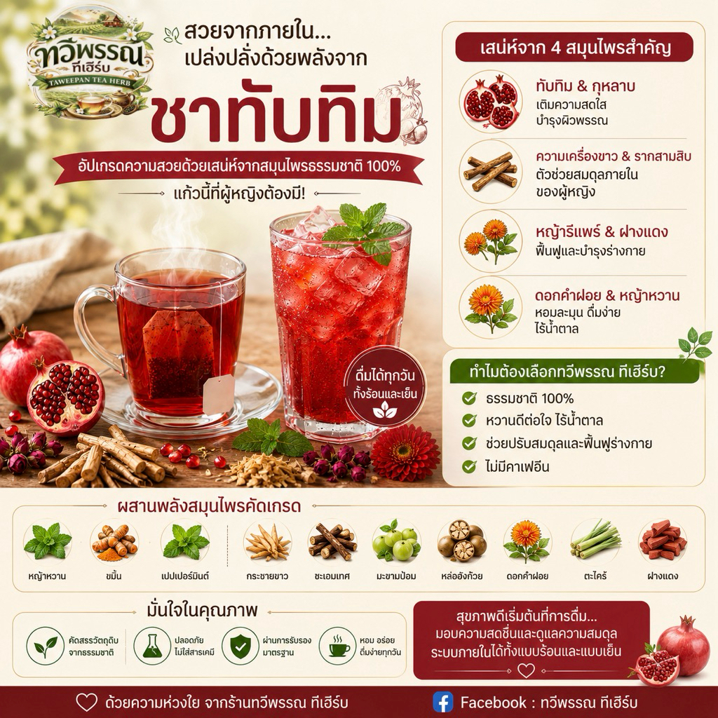 ชาทับทิม ตราทวีพรรณ ทีเฮิร์บ (ร้านเจ้าของแบรนด์) ทำจากสมุนไพร 100% ปราศจากน้ำตาล บรรจุ 10 ซอง มีอย.