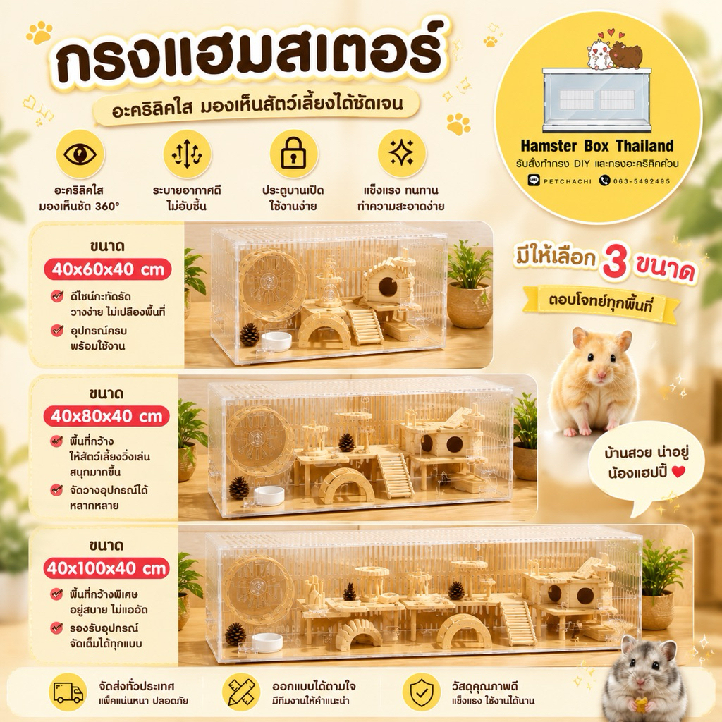 กรงอะคริลิค 60/80/100 ซม. กรงแฮมสเตอร์ กรงเม่นแคระ (กรงเปล่า)