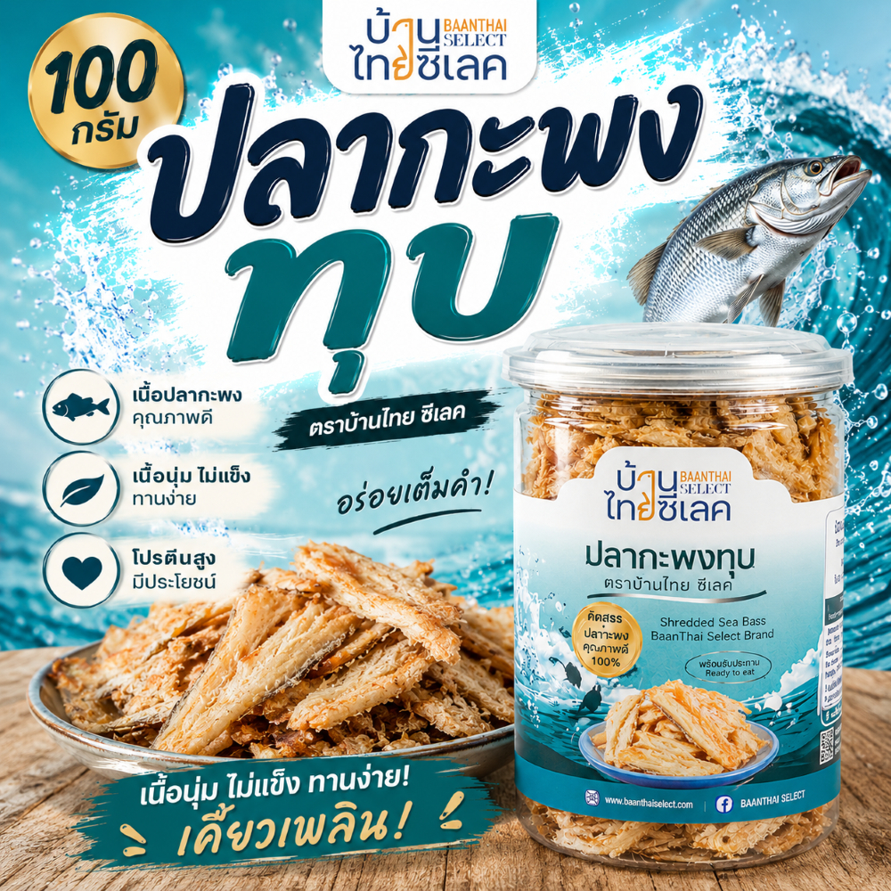 ปลากะพงทุบ (กระปุกกลม) ขนาด 100 กรัม