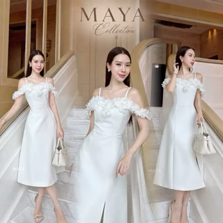 ชุดไปงาน เดรส s-2xl ชุดเดรสสายเดี่ยวแต่งดอกไม้ MAYA G133 สายปรับได้ ผ่าหน้าซับในเต็มตัว สวยมากกกค่า