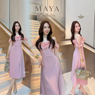 ชุดไปงาน เดรส s-2xl ชุดเดรสสายเดี่ยวแต่งดอกไม้ MAYA G133 สายปรับได้ ผ่าหน้าซับในเต็มตัว สวยมากกกค่า