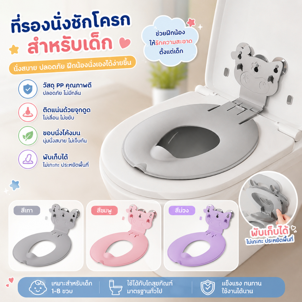 ฝารองนั่งเด็ก ฝารองชักโครกเด็ก แบบพับได้ พกพา กันลื่น ฝึกขับถ่าย เด็กเล็ก ใช้ง่าย รองนั่ง