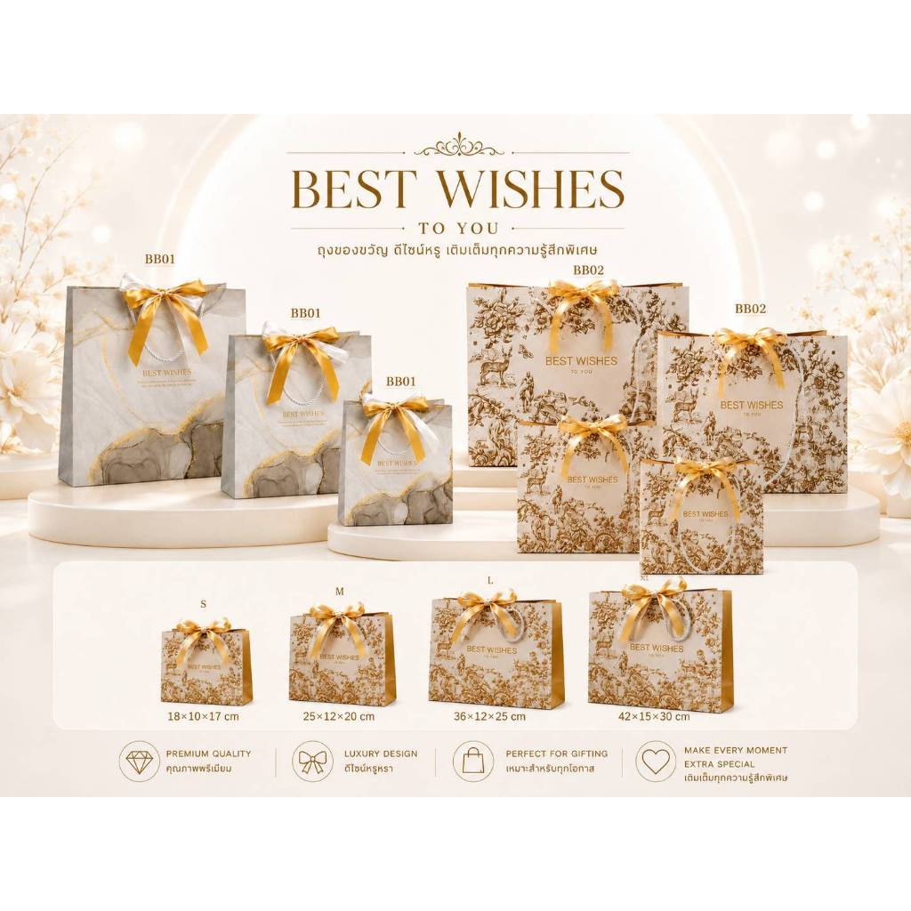 ถุงกระดาษของขวัญ Premium Luxury รุ่นBB01-BB02 ลายหรู พร้อมโบว์ทอง ถุงกิ๊ฟช็อป S M L XL พร้อมส่ง