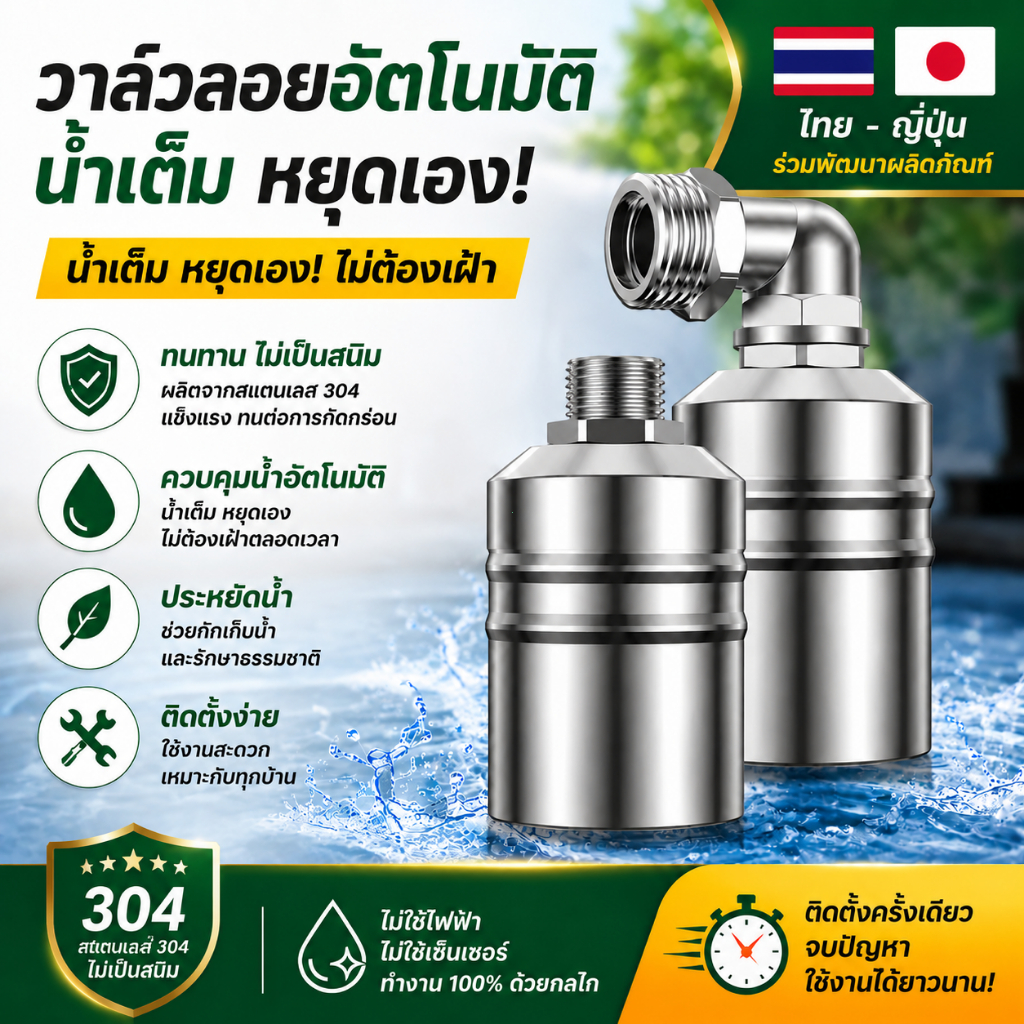 วาล์วลูกลอยสแตนเลส 304 อัตโนมัติ 1/2inch DN15 DN20 DN25 ป้องกันน้ำล้น ไม่ใช้ไฟฟ้า สำหรับถังน้ำ