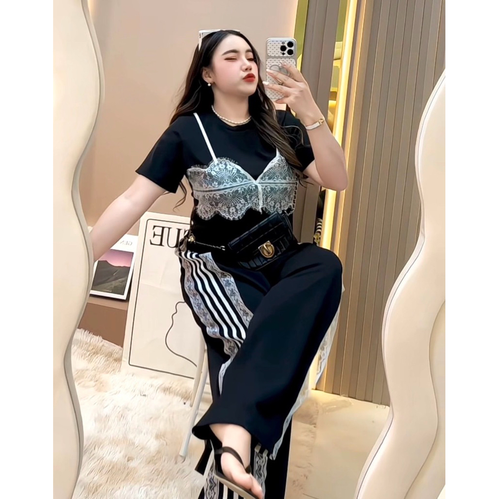 🩵SETเสื้อยืดแต่งดีเทลลูกไม้+กางเกง(พ7+ท1)(มีแยกเสื้อกับเซ็ต)🩵#สาวอวบ