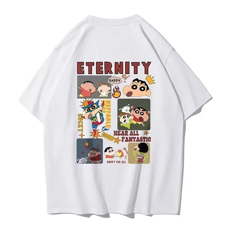 เสื้อยืดลายชินจังการ์ตูนหลายช่อง ETERNITY พิมพ์หลังเต็ม สีดำ ผ้าฝ้าย 200GSM ทรงโอเวอร์ไซซ์ สไตล์อนิเมะคาวาอิ
