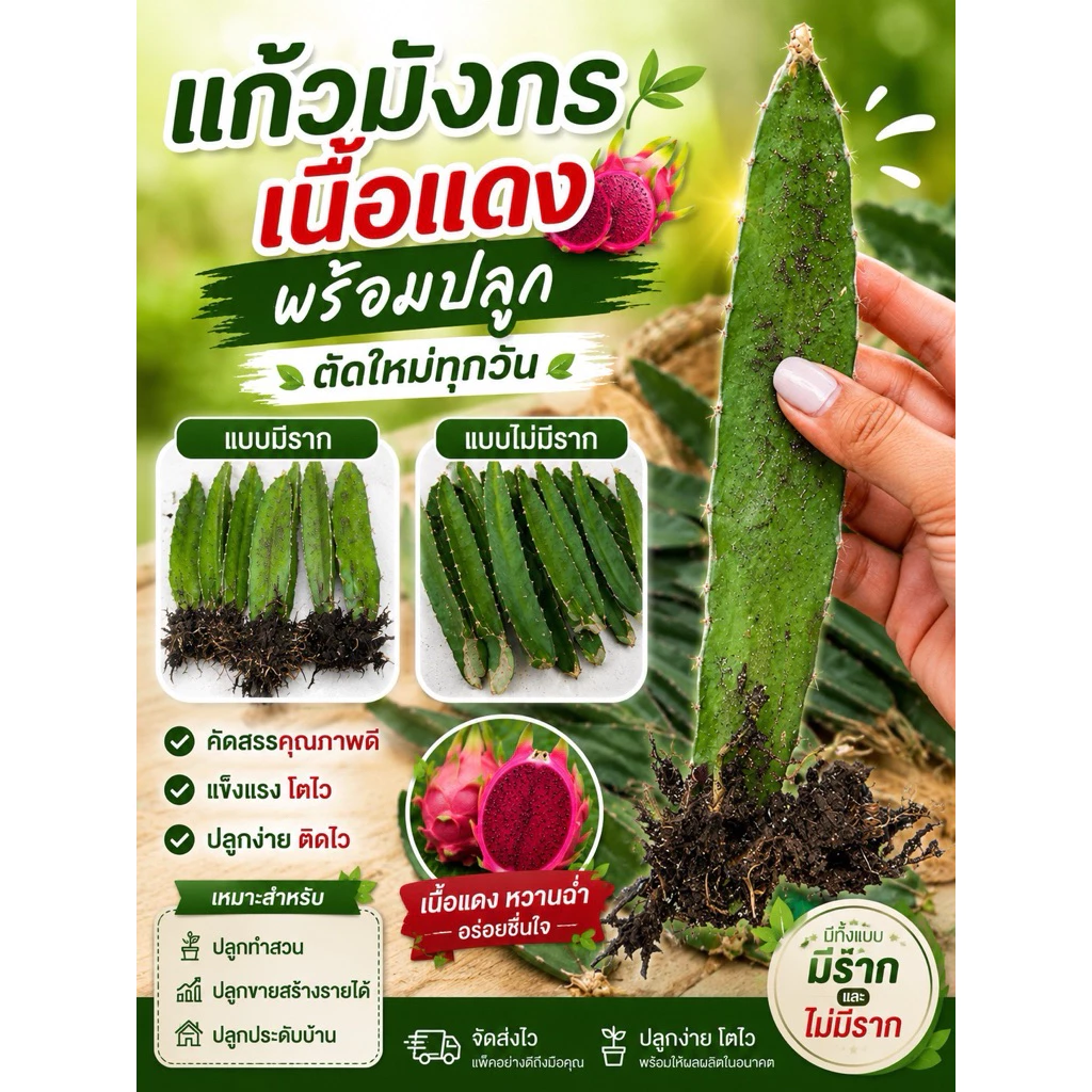 **ถูกที่สุด** 10แถม2 ต้นแก้วมังกร เนื้อสีแดง พร้อมปลูก☘️