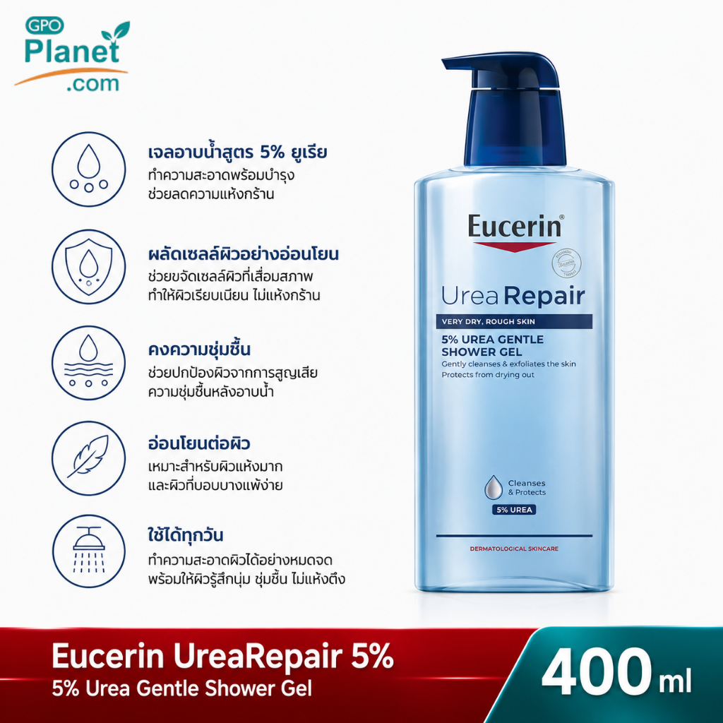 (EX 04/28) Eucerin UREAREPAIR 5% UREA GENTLE SHOWER GEL 400 ML ยูเซอริน ยูเรียรีแพร์5%  เจนเทิล ชาวเวอร์ เจล 400 มล.