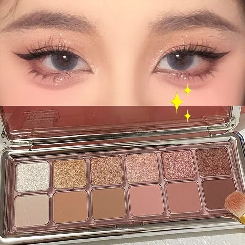 พาเล็ตต์อายแชโดว์ 12 สี eyeshadow ชมพูแอปริคอต/พีช/สำหรับใช้ทุกวัน/มีประกาย/กันน้ำ