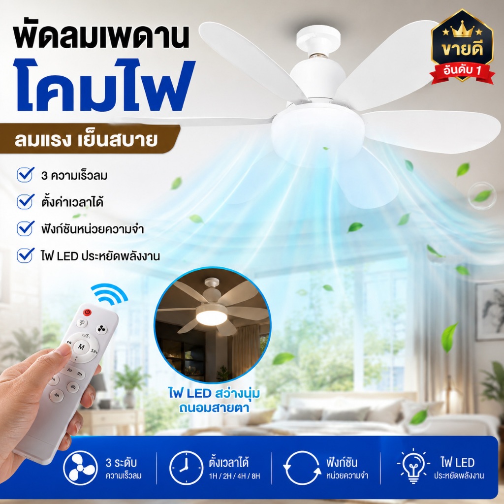 พัดลมเพดานมีไฟ LED 52ซม 40W ขั้วE27 ประหยัดไฟ เสียงเงียบ ปรับได้3สี มีรีโมท ไม่ต้องเดินสายไฟ พัดลมโคมไฟเพดาน มอก.