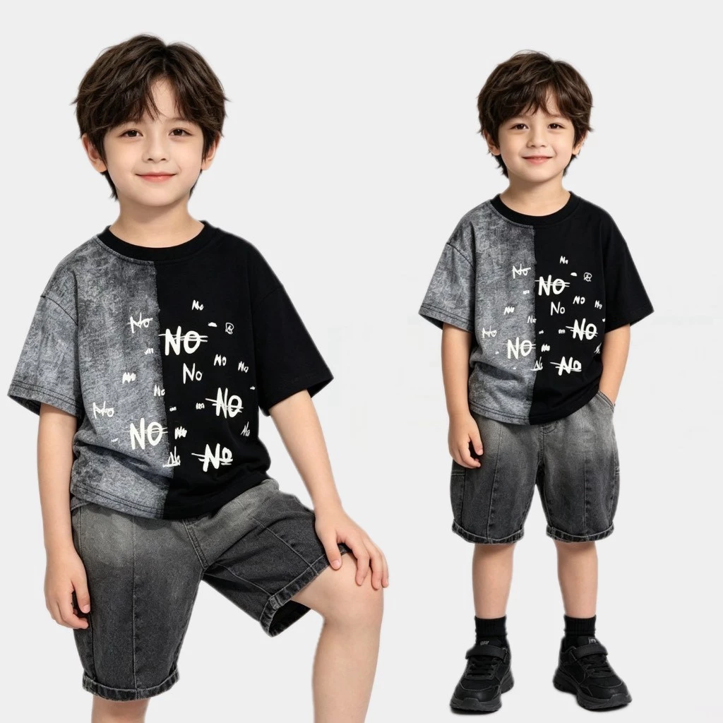 BB346 ชุดเด็กผู้ชายสไตล์วินเทจ เสื้อยืดครึ่งดำครึ่งเทาลายตัวอักษร คู่กางเกงยีนส์ฟอกสี