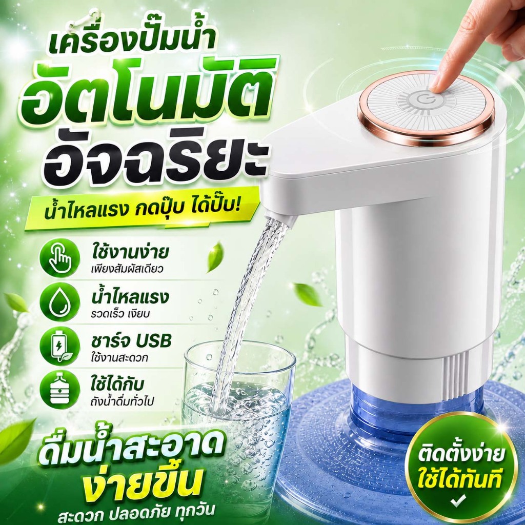 THAI เครื่องปั๊มน้ำ ปั๊มน้ำไฟฟ้า อัตโนมัติ ชาร์จผ่าน USB แบตเตอรี่ 1200mAh ใช้งานง่าย สะดวก เหมาะสำหรับถังน้ำ ขวดน้ำ