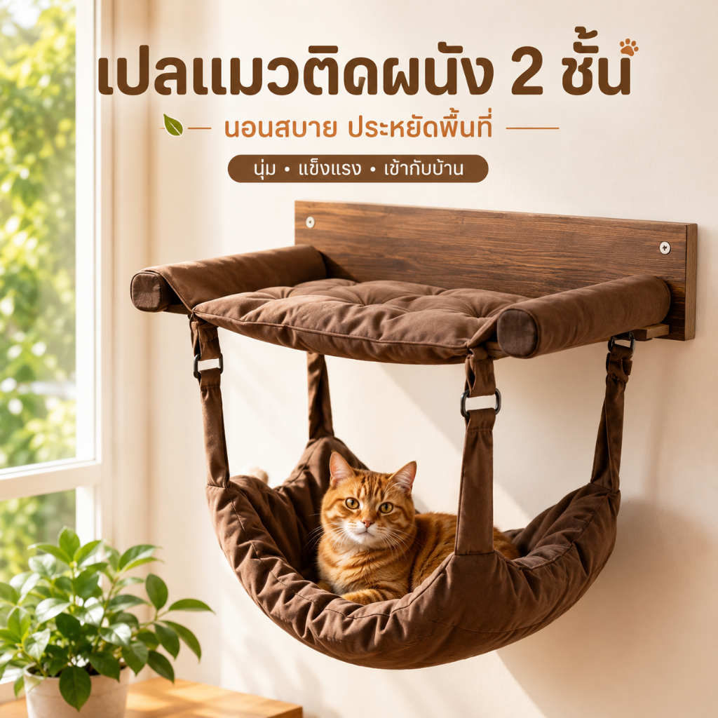 เปลแมวแขวน 2 ชั้น เปลแมวติดผนัง ไม้เนื้อแข็ง ถอดประกอบได้ เตียงแมวแขวน ผ้าระบายอากาศ ติดตั้งง่าย รับน้ำหนัก 28 กก.