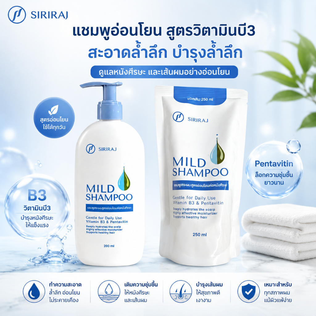 ศิริราช มายด์เเชมพูSiriraj Mild Shampoo (ขวดปั้ม 200ml.) ปราศจากน้ำหอม ปราศจากซิลิโคน
