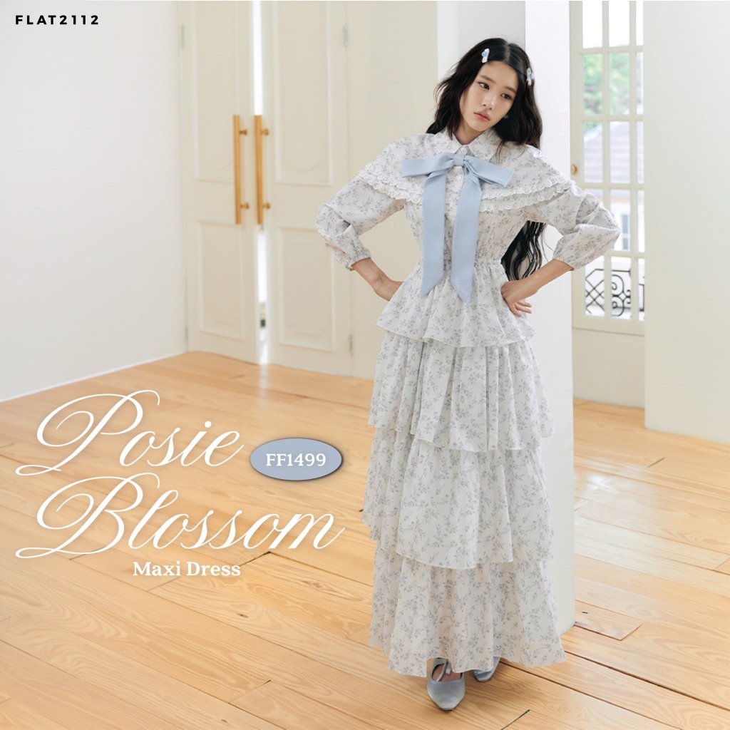 FLAT2112 : POSIE BLOSSOM MAXI DRESS เดรสยาวลายดอกโทนครีมสุดละมุน เดรสโรแมนติก เดรสสไตล์เกาหลี  (FF1499)