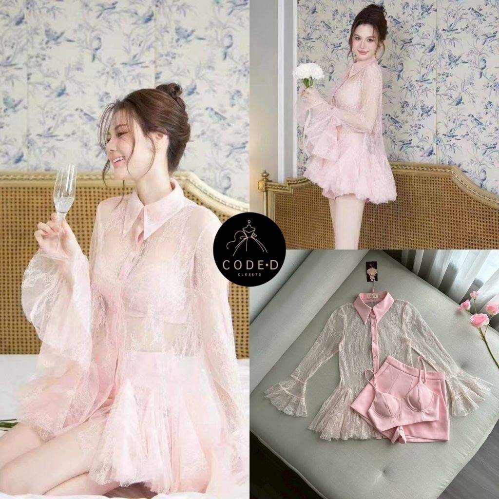 CODE-D Set.3 ชิ้น เสื้อลูกไม้คอปกผ้าซีทรูสีชมพูแขนยาว ปลายแขนแต่งเป็นทรงแขนกระดิ่ง ดีเทลกระดุมหน้าเรียงยาว