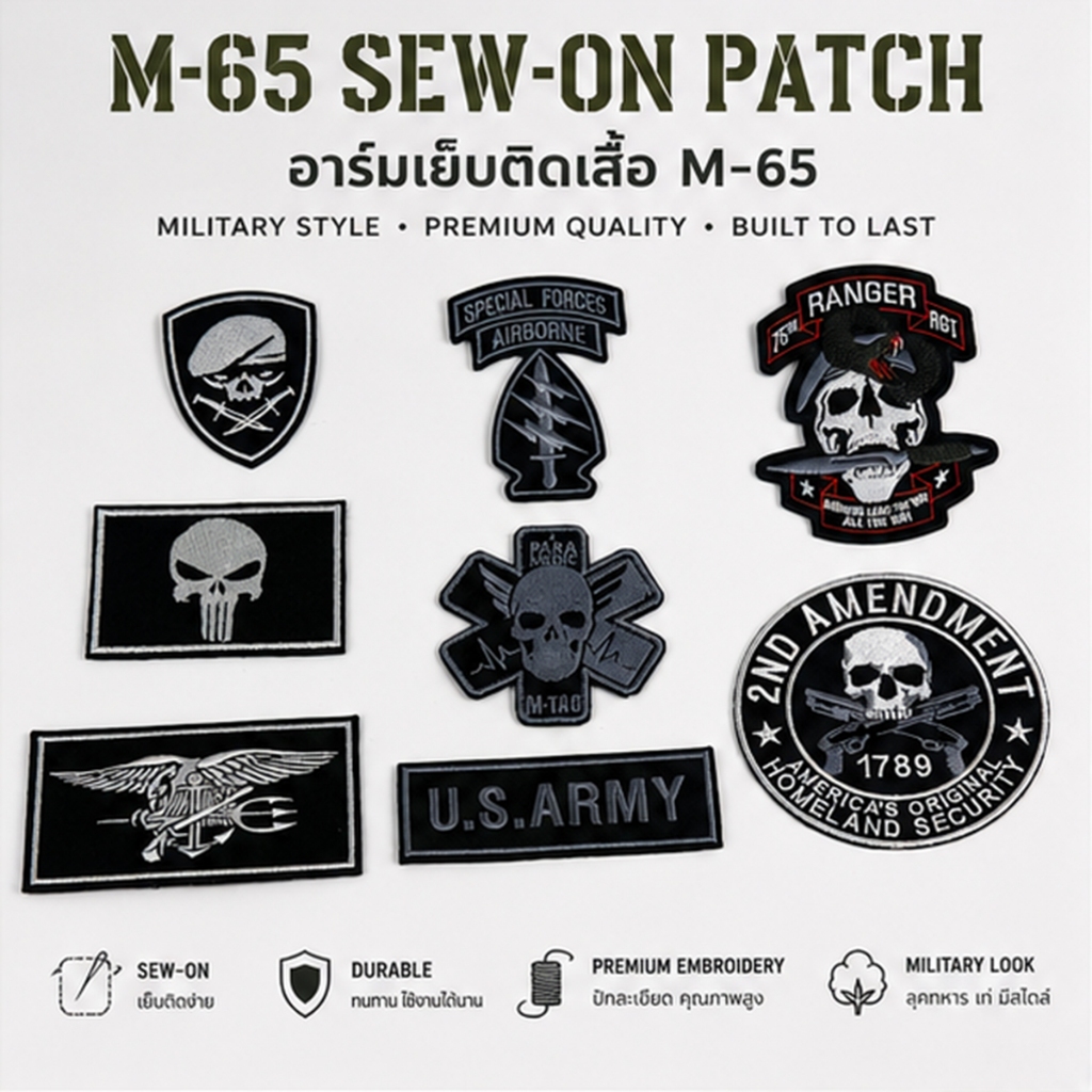 อาร์มทหาร ติดเสื้อ M-65 (แบบเย็บติดแน่นกว่าตีนตุ๊กแก) งานปัก Premium Tactical Patch อาร์มติดกระเป๋า หมวก